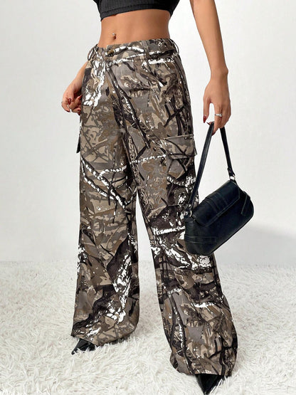 Woodland Printed Wide Leg Cargo Pants