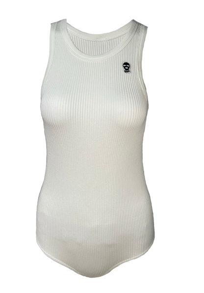 White Ribbed Stretch Knit Bodysuit