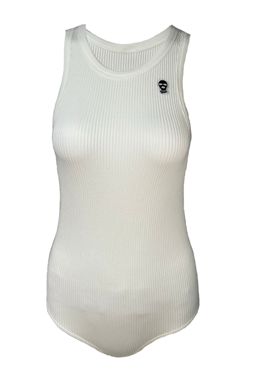 White Ribbed Stretch Knit Bodysuit