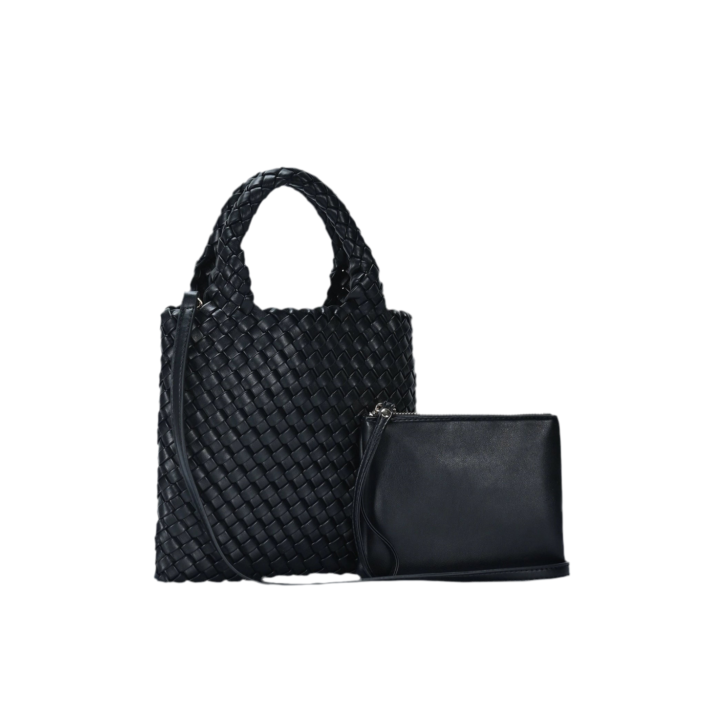 Black Convertible Vegan Leather Weave Handbag