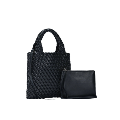 Black Convertible Vegan Leather Weave Handbag