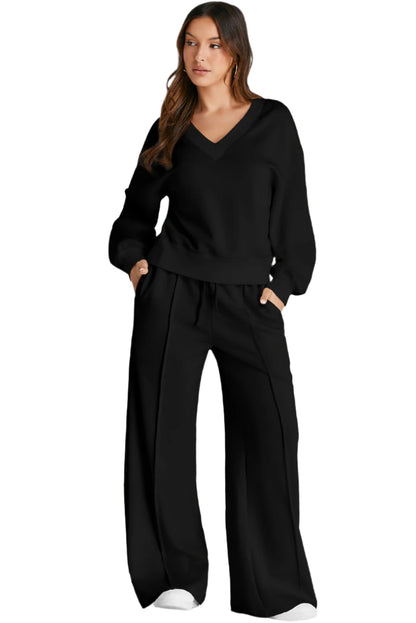 V-Neck Long Sleeve Top and Pants Active Set