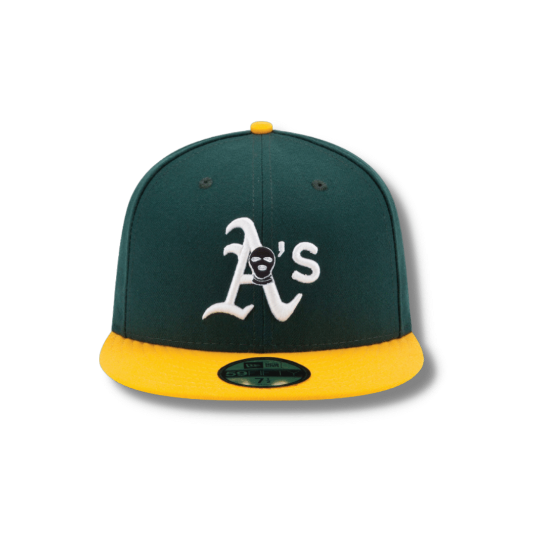 Green Yellow Oakland Athletics SKI Mask fitted baseball hat - DUMBFRESHCO